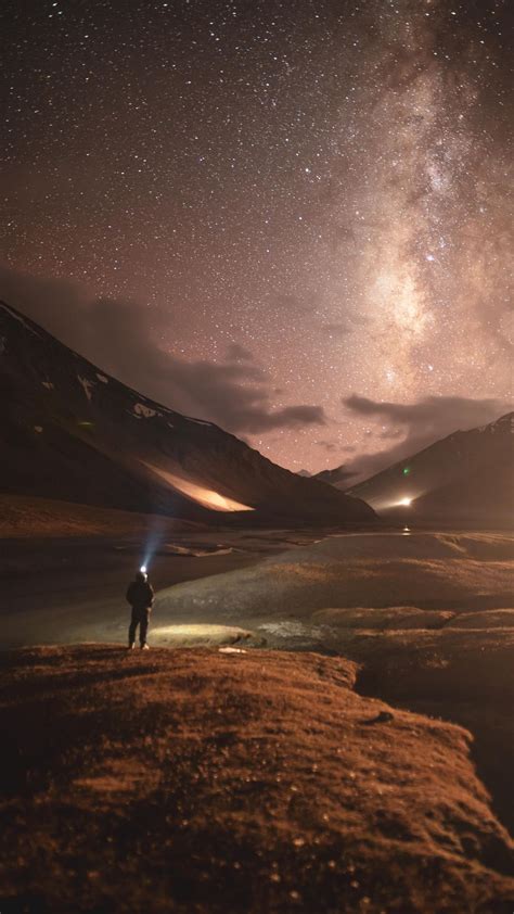 Alone Man Milky Way In Night Sky Wallpaper