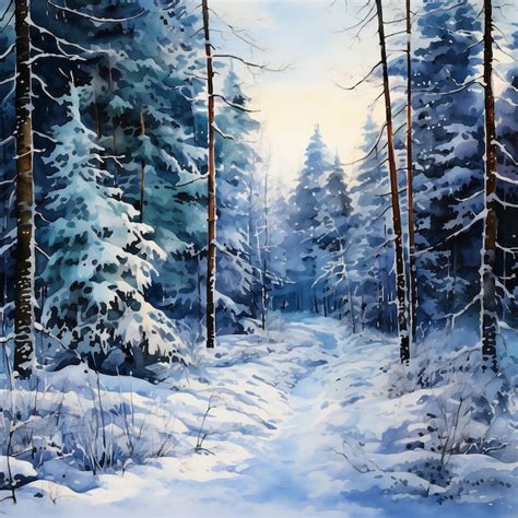 Premium Photo | A painting of a forest with a path in the snow.