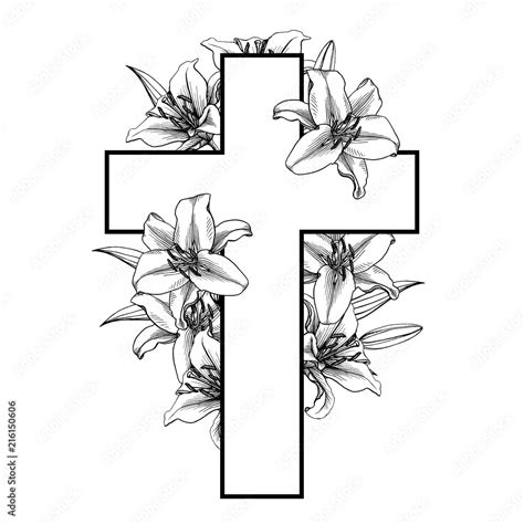 Funeral cross with white lilly flowers. Vector. Stock Vector | Adobe Stock