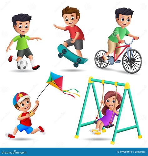 Kids Playing Vector Characters Set. Young Boys and Girls Happy Playing Outdoor Activities and ...