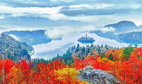 Bled, Slovenia. Autumn. Mountain lake Bled, famous and popular travel ...