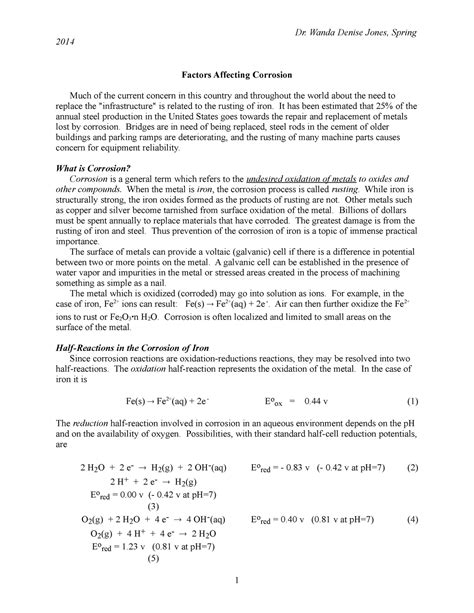 Corrosion - worksheets for general chemistry class. - Dr. Wanda Denise Jones, Spring 2014 ...