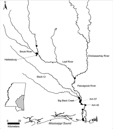 -Map of the Pascagoula River drainage showing Gulf sturgeon capture ...