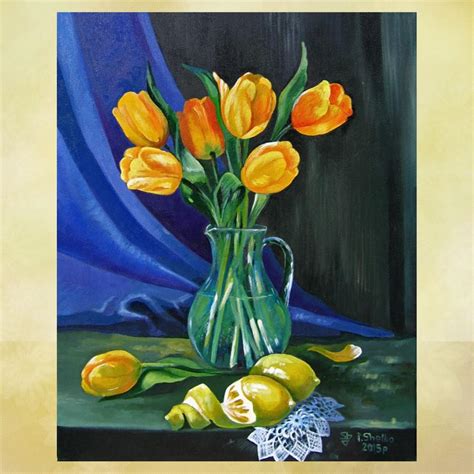 Oil Painting ,Yellow Tulips , Still Life , Original Oil Painting, Floral Paintings, Vase With ...