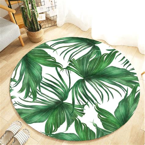 Kitchen Rugs Washable Tropical Plant leaves Pattern Round Flannel Bathroom Kitchen Carpet 80cm ...