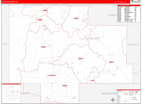 Langlade County, WI Zip Code Wall Map Red Line Style by MarketMAPS - MapSales.com