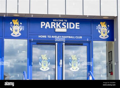 Entrance at Parkside football stadium, home of Aveley Football Club, Aveley, Essex, UK. Minor ...