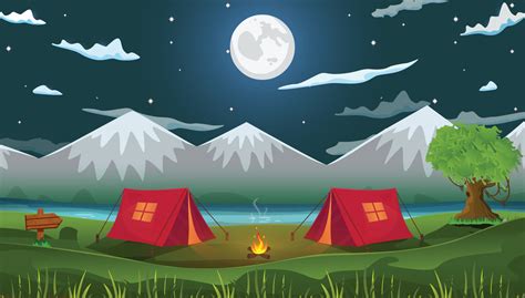 Night natural cartoon background camping scene with two tents, fire ...