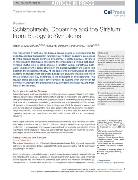 (PDF) Schizophrenia, Dopamine and the Striatum: From Biology to Symptoms