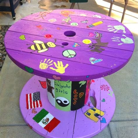 Cable spool turned into a kids table Mosaic Outdoor Table, Outdoor Table Tops, Wooden Spool ...