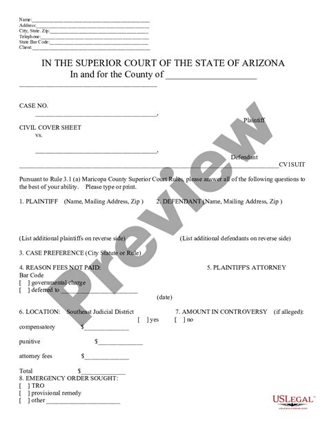 Arizona Civil Cover Sheet - Civil Suit - Arizona Cover Sheet | US Legal Forms