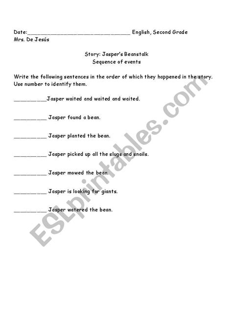 English worksheets: Jasper´s beanstalk sequence of events