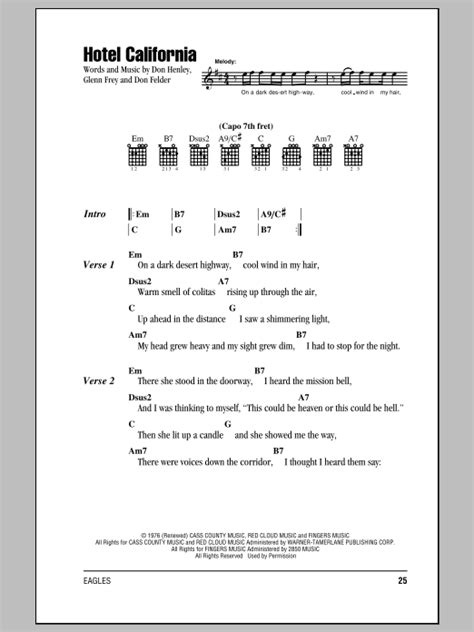 Hotel California by Eagles Sheet Music for Guitar Chords/Lyrics at Sheet Music Direct