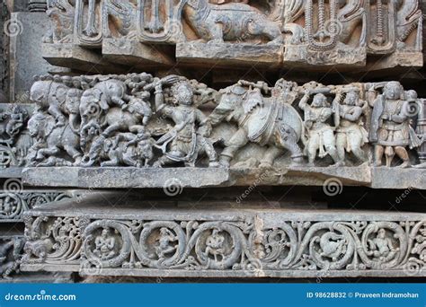 Hoysaleswara Temple Wall Carving Depicting Mahabharata - Bheema Killing Elephants Stock Photo ...