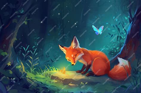 Premium Photo | Cute red baby fox playing with a butterfly in a forest ...