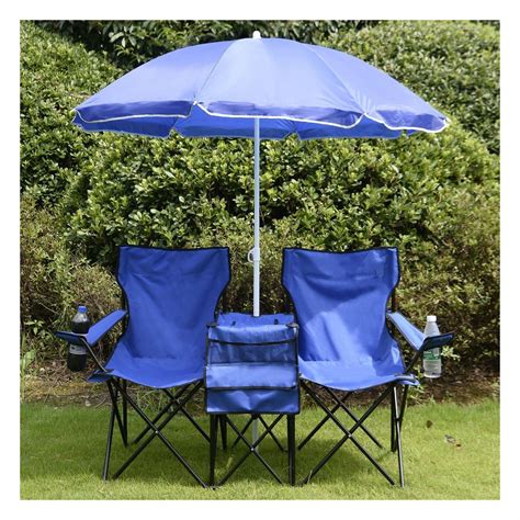 COSTWAY Portable Folding Picnic Double Chair W/Umbrella Table Cooler Beach Camping Chair, Blue ...