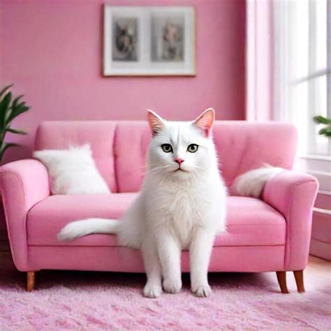 Premium Photo | A white cat sits on a pink couch in a living room