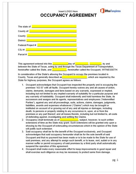 Occupancy Agreement Templates - Office Templates