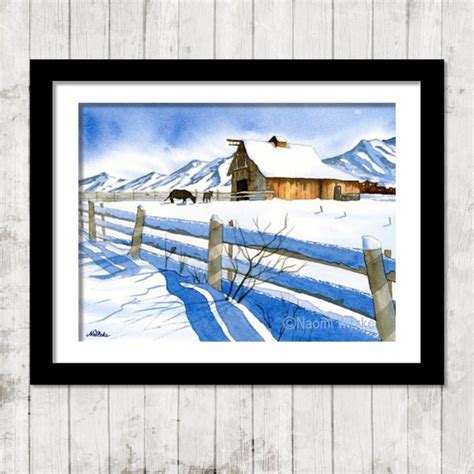 Snowy Winter Barn Watercolor Art Print Watercolor Barn with | Etsy