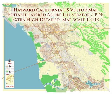 Hayward California US Map Vector Extra High Detailed Street Map editable Adobe Illustrator in ...