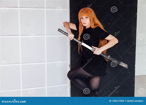 Woman Anime with Red Hair with Japanese Samurai Sword Stock Image ...