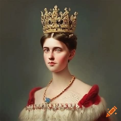 Portrait of a young brunette scandinavian queen in coronation attire on ...