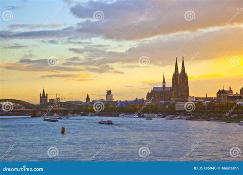 Townscape of Cologne in Sunset with Dome and River Rhine Stock Photo - Image of skyline ...