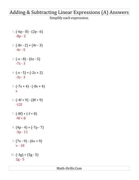 Adding and Subtracting and Simplifying Linear Expressions (A)