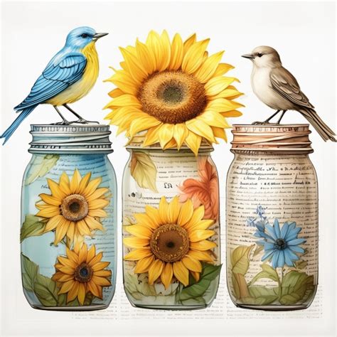Floral Mason Jar With Birds Art Free Stock Photo - Public Domain Pictures