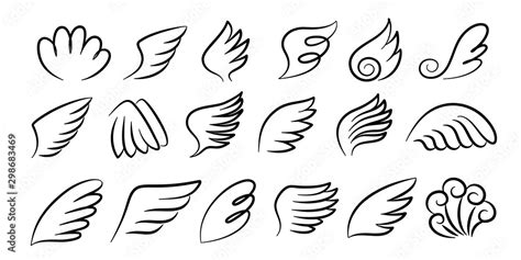 Sketch wings pair. Hand drawn angel wings ink sketch, cartoon bird wings silhouettes. Vector ...