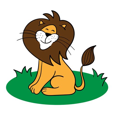 Cute lion cartoon. A smiling lion is sitting on the green grass. Drawing on a white background ...