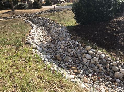 Rock ditch. Water run off solution. Stone lined stream. Backyard ...