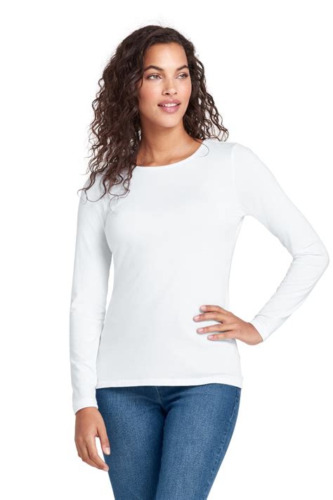 LANDS END Ladies Womens Long Sleeve Jersey T Shirt Top White Tee Cotton ...