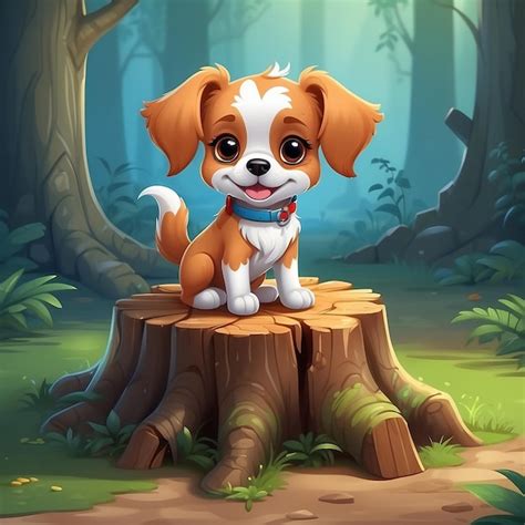 Premium Photo | Cartoon little dog sitting on tree stump