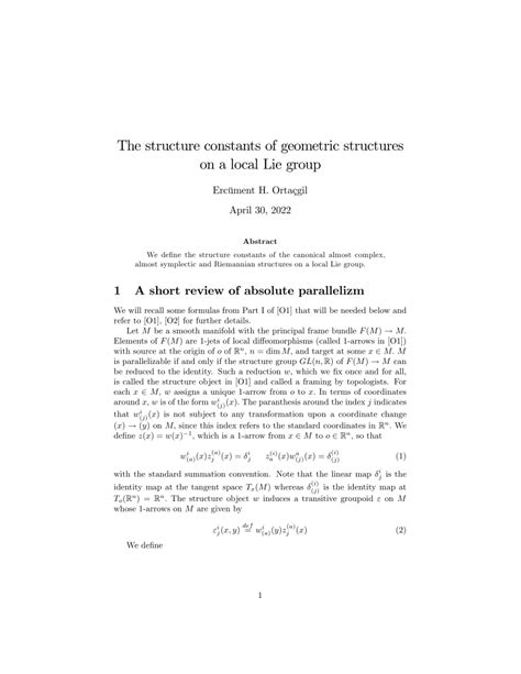 (PDF) The structure constants of geometric structures on a local Lie group