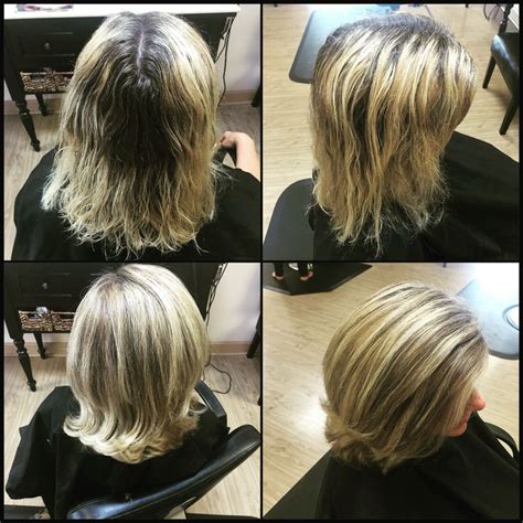 Root touch up with blonde highlights and lowlights to break the blonde up some, with a long la ...