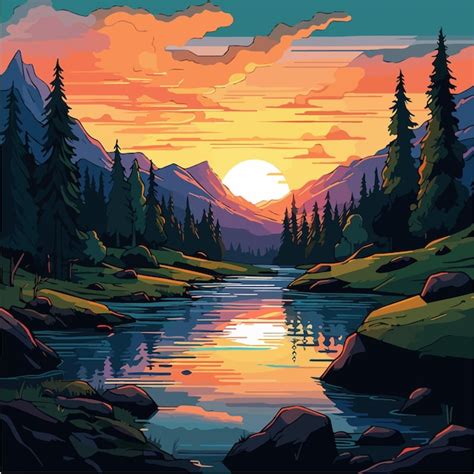 Premium Vector | A painting of a river with mountains in the background.