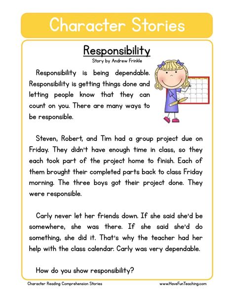 Responsibility Character Reading Comprehension Worksheets - WorksheetsCity