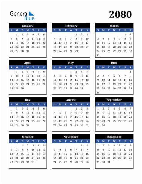 Free 2080 Calendars in PDF, Word, Excel