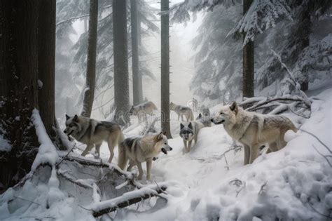 Snowy Forest, with Pack of Wolves Hunting Their Prey Stock Image ...