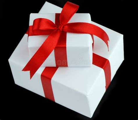 Two White Gift Boxes with Red Ribbon Stock Photo - Image of knot ...