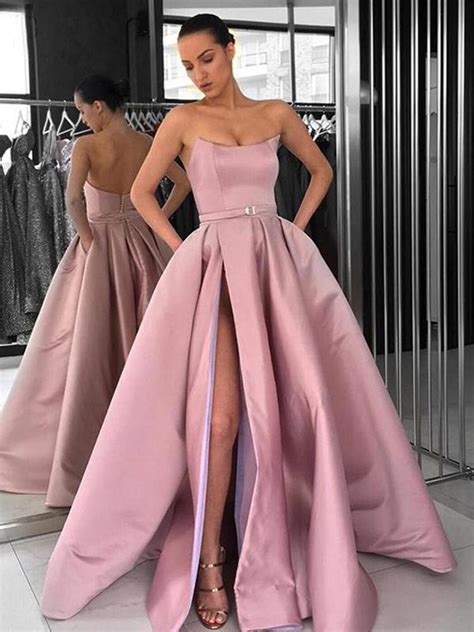 Sexy Slit Dusty Pink Satin Strapless Pockets Ball Gown Prom Dress