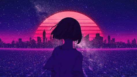 Download Purple Anime Girl Relax In City Picture | Wallpapers.com