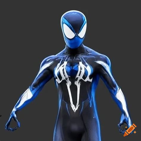Black and blue symbiote suit with a white spider emblem