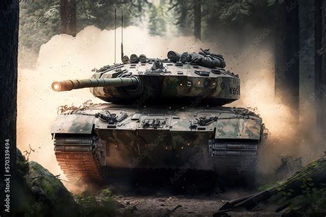 ภาพประกอบสต็อก Camouflage leopard-2 tank in forest with trees and dust ...