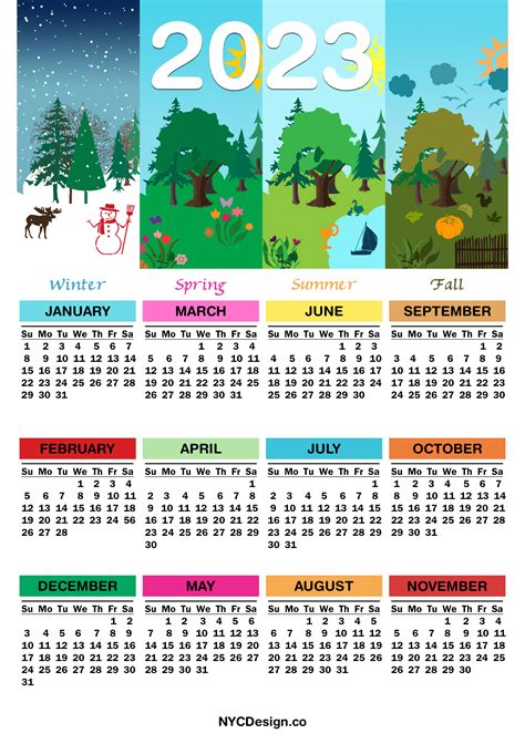 2023 Printable Free 4 Seasons Calendar – Sunday Start – NYCDesign.co: Printable Things