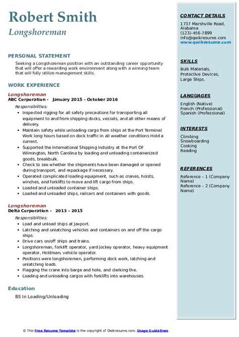 Longshoreman Resume Samples | QwikResume