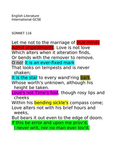 Sonnet 116 Let me not to the marriage of true minds; GCSE LITERATURE ANALYSIS | Teaching Resources