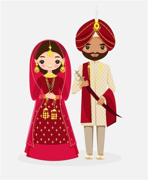 Premium Vector | Cute indian bride and groom cartoon character in red traditional dress