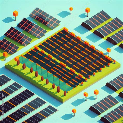 isometric illustration of a solar panel farm, with rows of solar panels ...